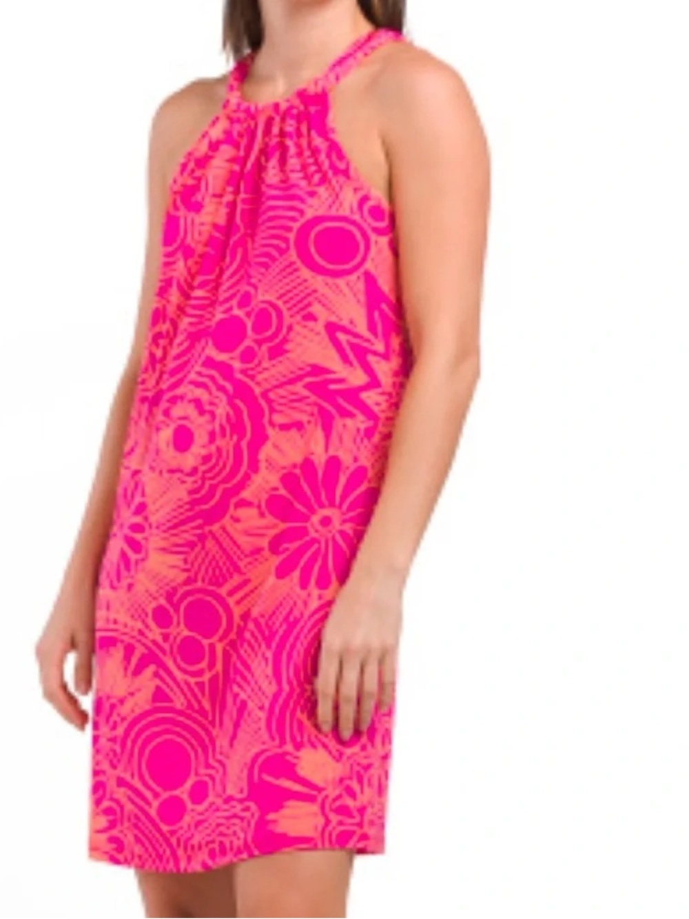Trina Turk pink & orange floral Juju shift halter neck mini casual dress.